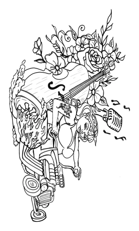 Pencil sketch of a guitar among roses with music notes