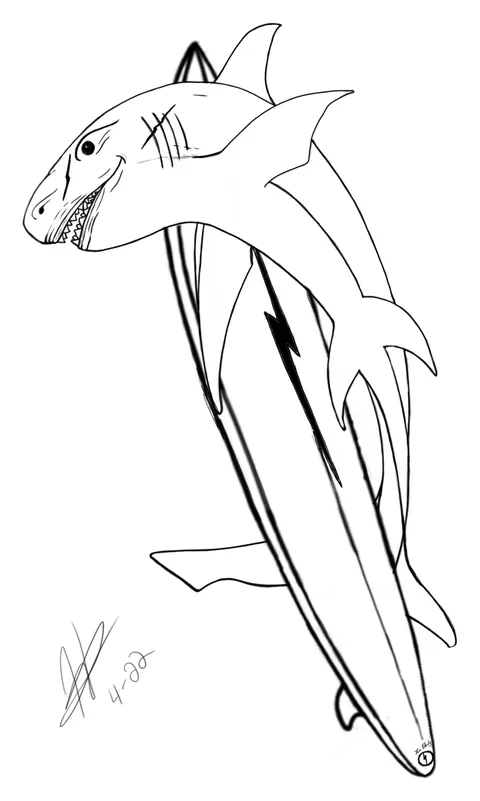 Line drawing of a hammerhead shark beside a surfboard