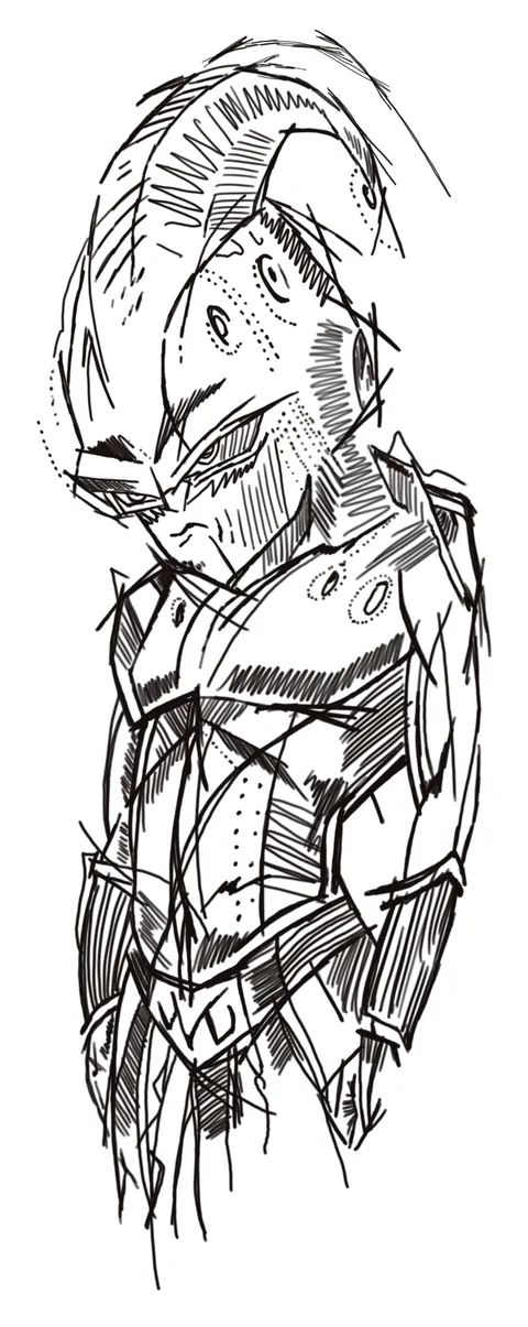 Pencil study of an armoured figure with long horns