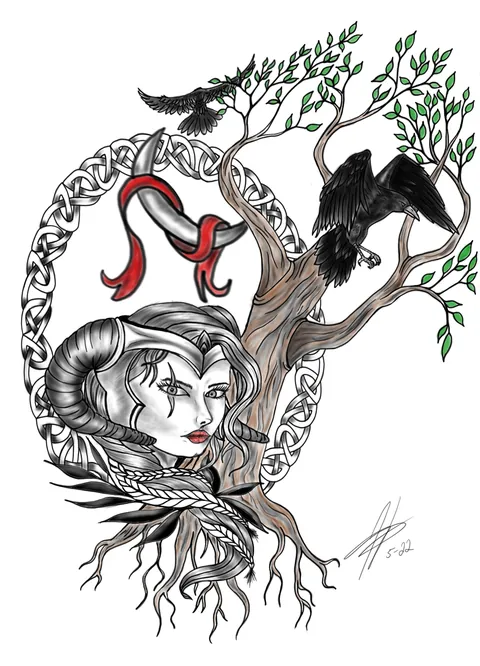 Drawing of a horned woman before a tree with ravens inside a knotwork ring, worked in red and green