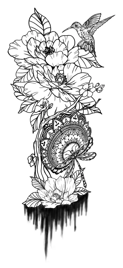 Line drawing of a hummingbird over open flowers and a mandala