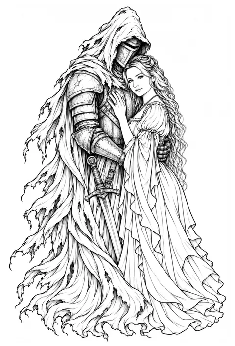 Shaded drawing of a hooded knight in armour holding a woman in a long gown