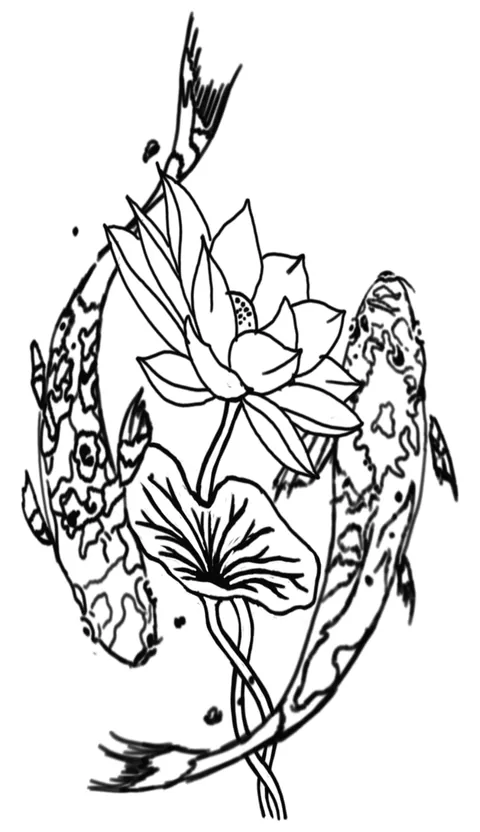 Line drawing of two koi circling a lotus