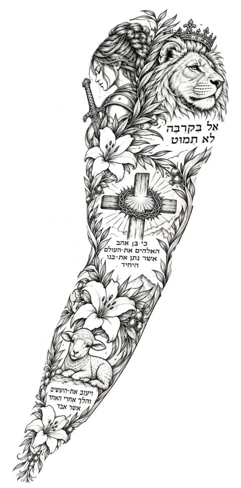 Shaded full sleeve design with a crowned lion, a woman, a cross, lilies, a lamb and Hebrew lettering