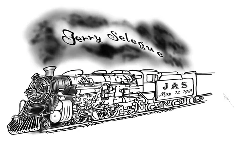 Shaded drawing of a steam locomotive under a name in script, with initials and a date on the tender