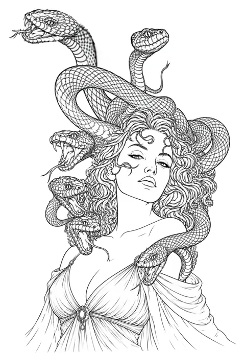 Shaded drawing of Medusa with snakes through her hair