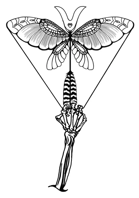 Line drawing of a patterned moth above a skeleton hand and an arrow