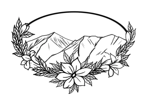 Line drawing of a mountain range inside a wreath of leaves and flowers
