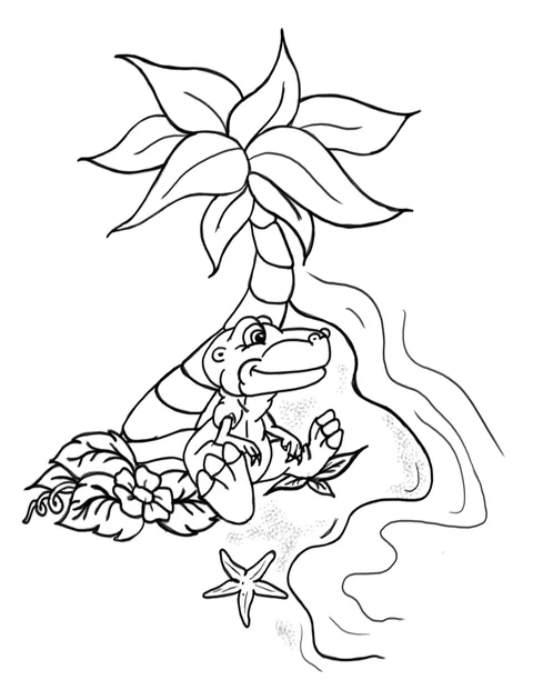 Line drawing of a gecko climbing a palm tree with a starfish below