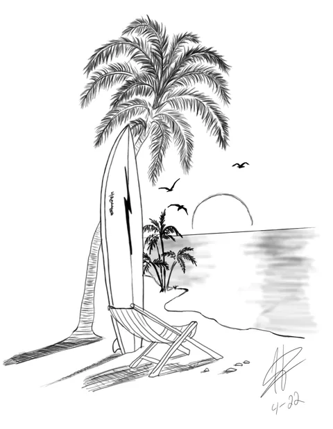 Shaded drawing of a palm tree, a surfboard and a beach chair at sunset