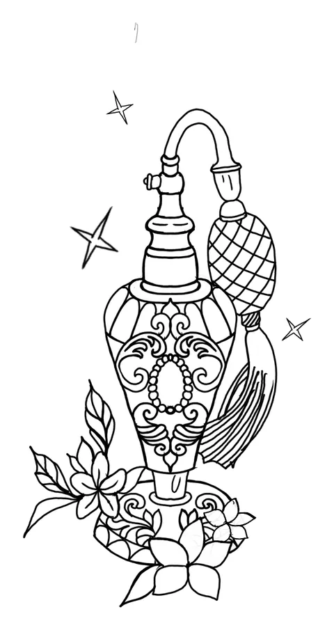 Line drawing of an ornate perfume bottle above flowers and stars