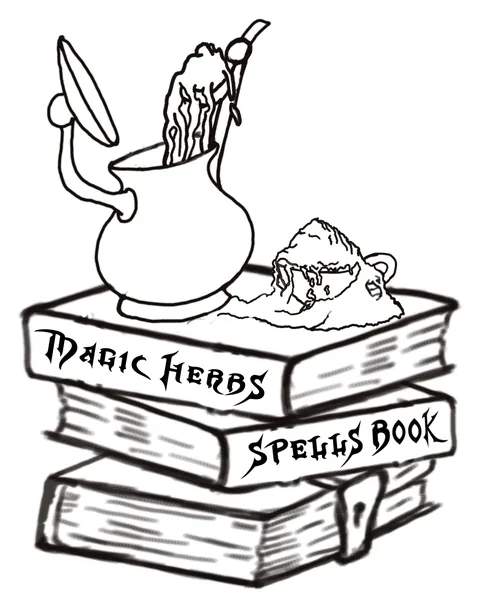 Line drawing of a bubbling potion jar on a stack of books lettered Magic Herbs and Spells Book