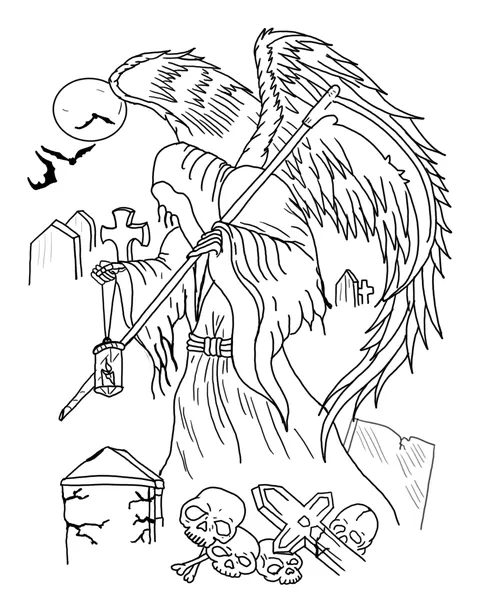 Pencil sketch of a hooded reaper with a scythe walking through a graveyard