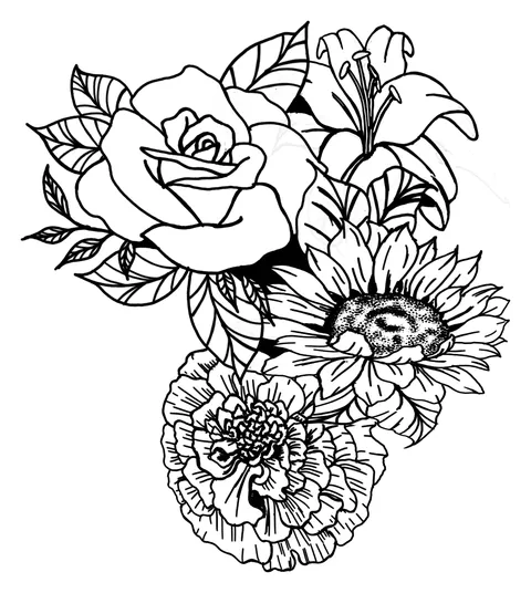 Line drawing of a rose, a lily, a sunflower and a carnation grouped together