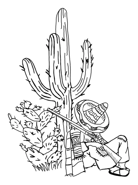 Line drawing of a figure resting against a saguaro with a rifle across the lap