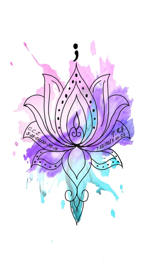 A lotus with a semicolon at its centre over a purple and teal watercolour splash