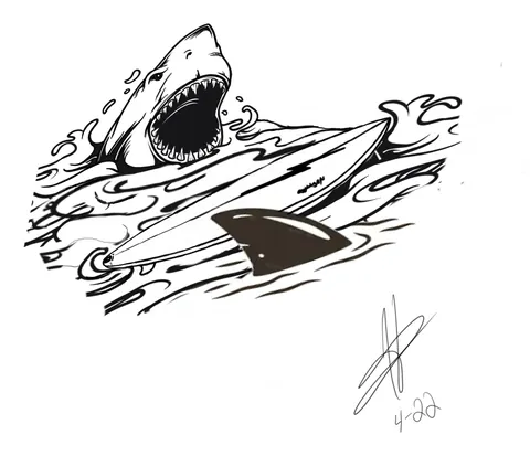 Shaded drawing of a shark breaking the surface with its mouth open