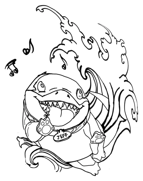 Line drawing of a cartoon shark riding a wave with a name tag and music notes