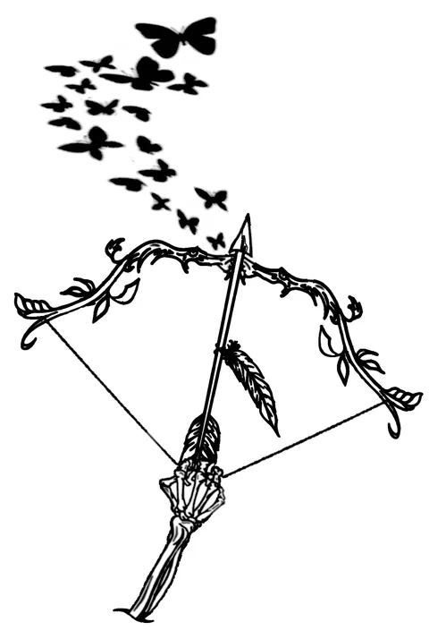 Line drawing of a skeleton hand drawing a bow, with butterflies flying off the arrow