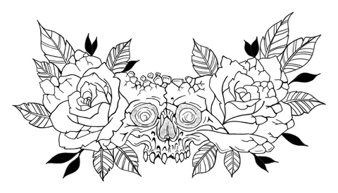 Line drawing of a decorated skull set between two roses and leaves