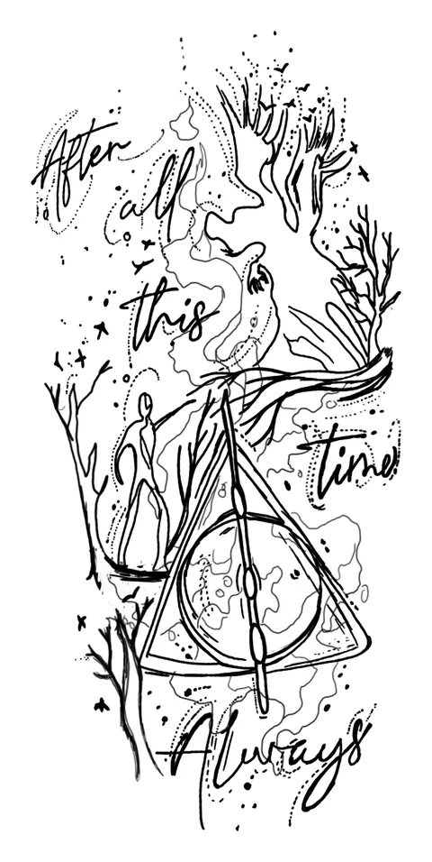 Fine line drawing of a stag and a triangular symbol with the words After all this time and Always