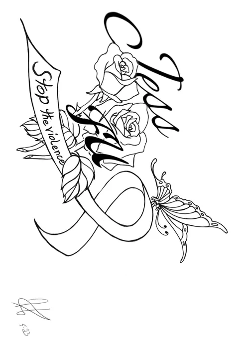 Line drawing of a ribbon banner reading Stop the Violence, with roses, a butterfly and tall script above it