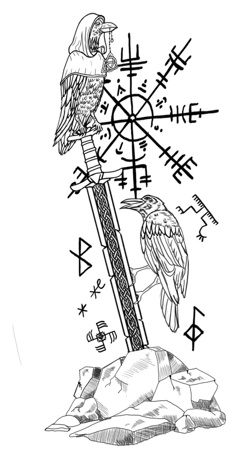 Shaded drawing of a sword set in stone with a raven and a hawk, ringed by Norse runes and a compass symbol