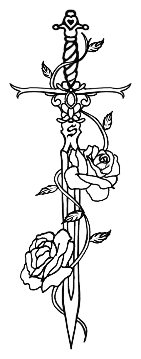 Line drawing of a sword wrapped in a rose vine