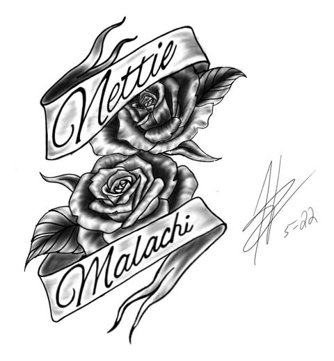 Shaded drawing of two roses between banners lettered with two names