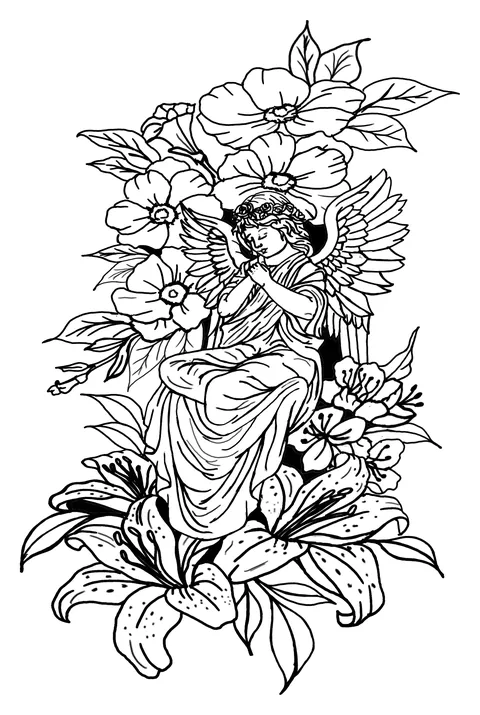Line drawing of a winged figure seated among lilies and open flowers