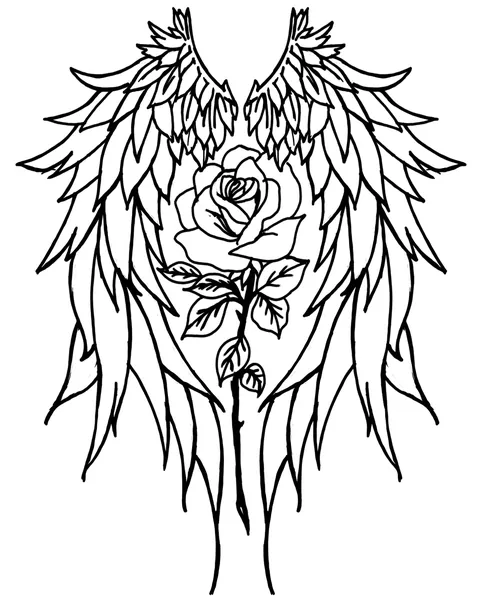 Bold line drawing of two feathered wings framing a rose