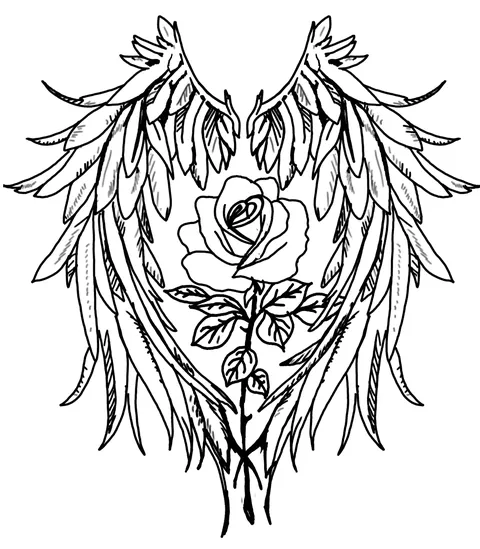 Line drawing of two feathered wings curved into a heart around a rose