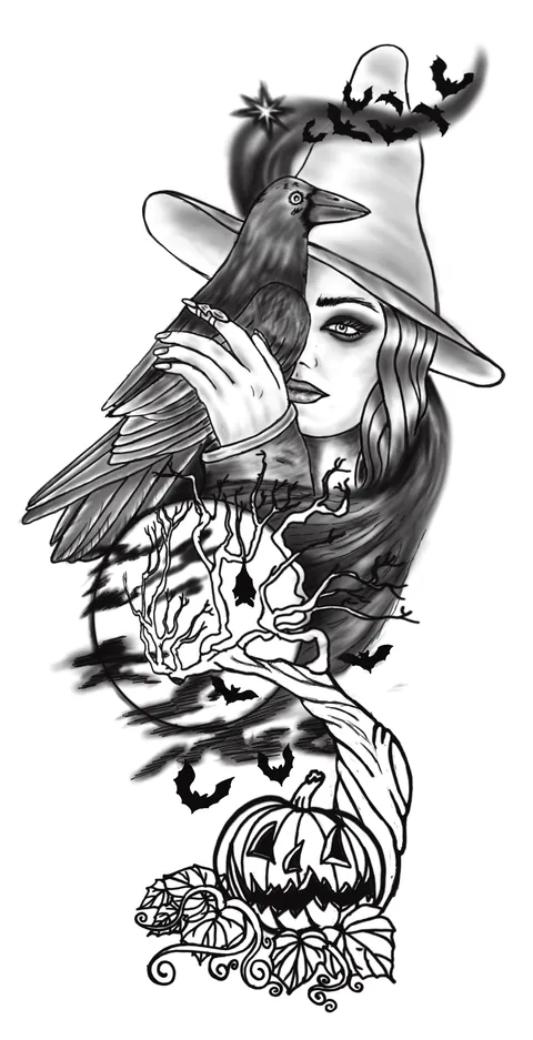 Shaded drawing of a woman in a wide hat with a raven, a skull, bats and a carved pumpkin