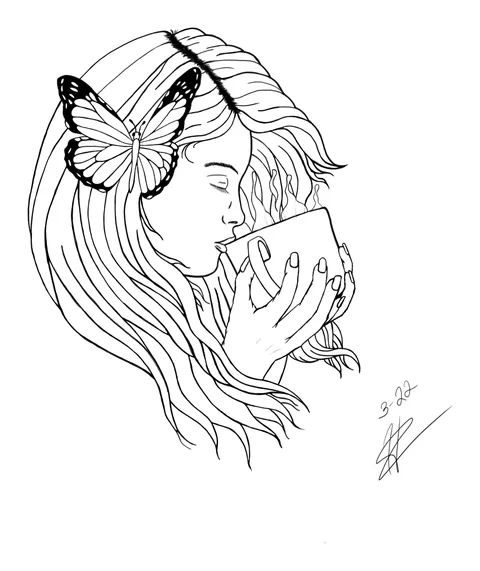 Fine line drawing of a woman with a butterfly resting in her hair