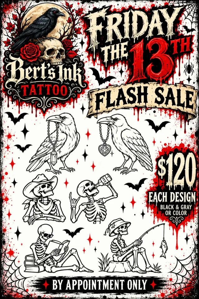Bert's Friday the 13th Flash Sale poster: two ravens and four skeletons, $120 each design, black and gray or color, by appointment only