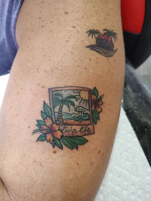 A beach postcard with a palm and hibiscus, and a small palm island, on the arm, in color