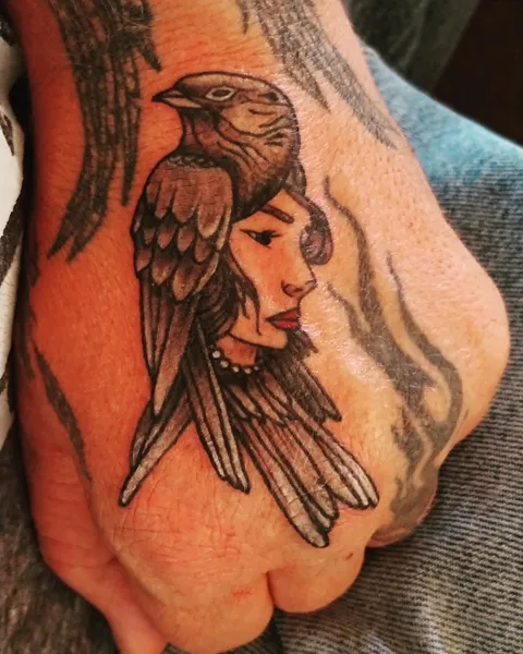 A crow over a woman's face on the back of the hand, black and gray