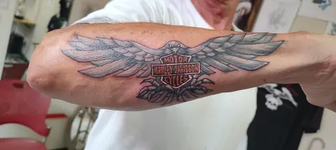 Eagle with spread wings on the forearm, black and gray