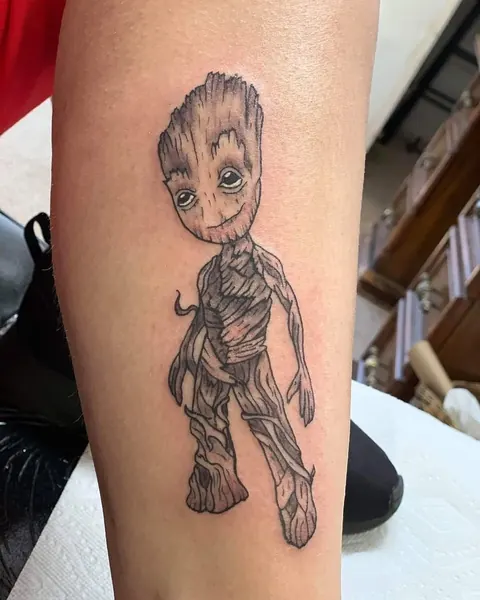 Baby Groot on the lower leg, black and gray
