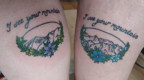Two matching pieces: I see your mountain in script over mountains and flowers