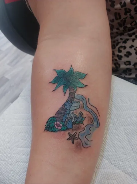 A palm tree island with a waterfall and a starfish on the forearm, in color