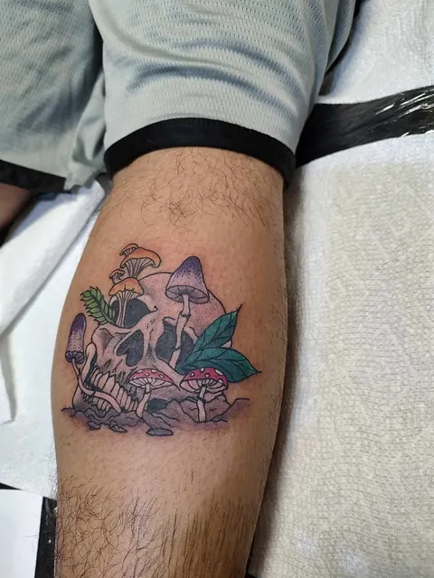 Skull sprouting mushrooms on the calf, in color