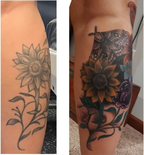 Sunflower with lace on the calf, in color