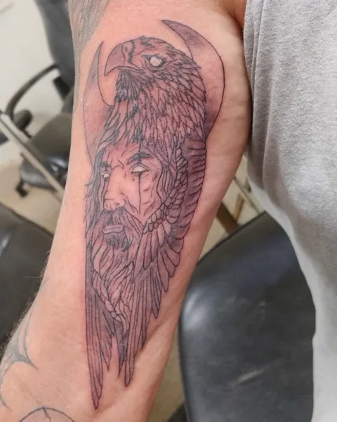 A bearded man beneath an eagle with spread wings down the forearm, black and gray